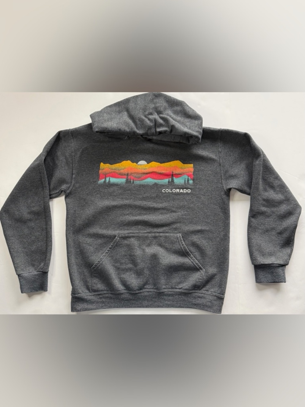 Colorado Retro Mountain Sunset Hoodie Sweatshirt Unisex Dark Heather Gray Size S